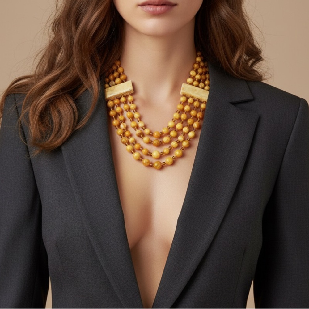 Multi Strand Yellow Amber Beaded Necklace